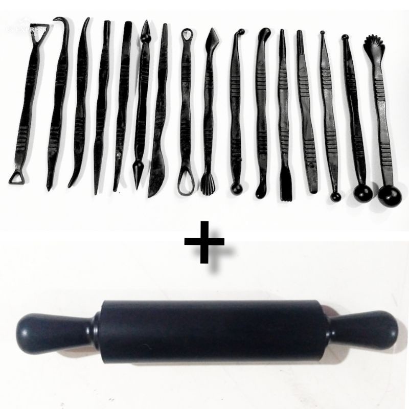 Kit Estecas + Rolo 23cm 17 Pçs Ferramentas Para Biscuit Cerâmica Confeitaria em Oferta na Shopee