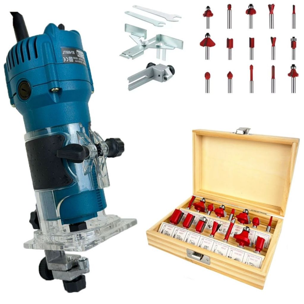 Tupia Manual Laminadora Elétrica 650W Com Pinça 1/4" E 6mm + Jogo Fresa 15 Peças ENVIO IMEDIATO