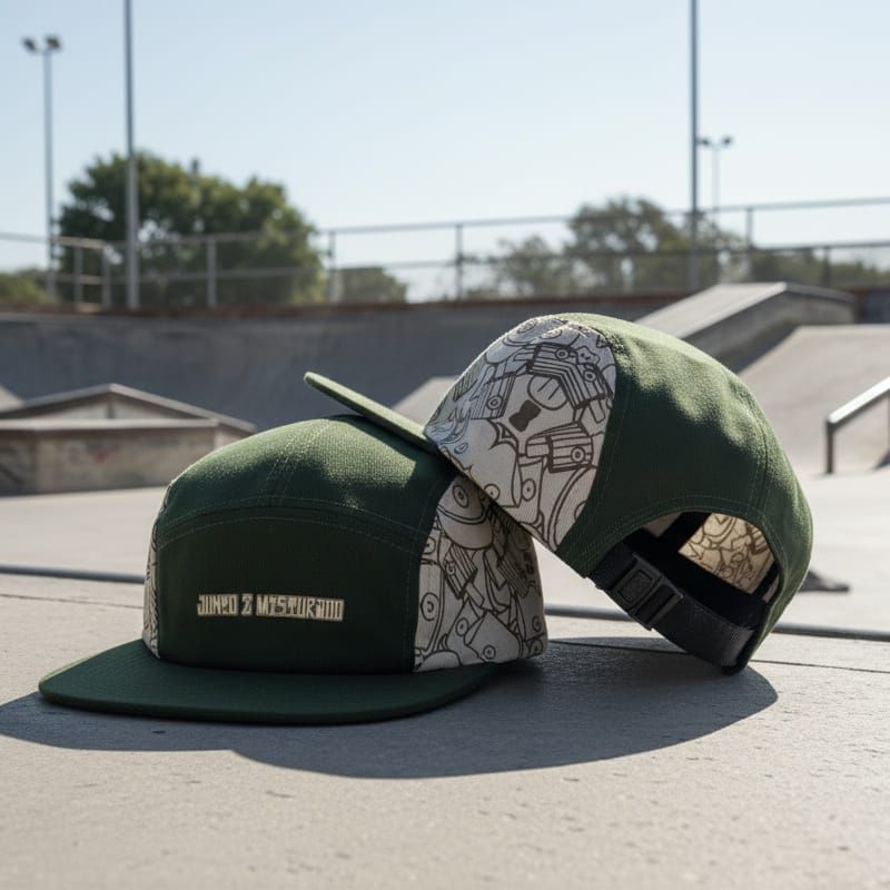 Boné 5 Panel Verde Militar Estampa Doodle Lateral Bordado Streetwear Aba Reta Ajustável Unissex Lançamento - Top