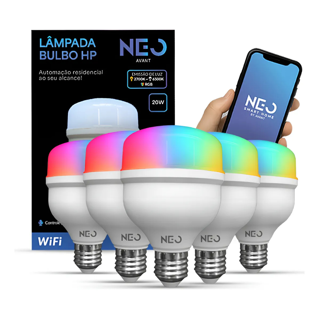 Kit 1, 5 Lampadas Led Smart Wifi 2.4GHz Bulbo Hp 20w 30w 2700K/6500K RGB 110v/220v Neo Avant em Oferta na Shopee