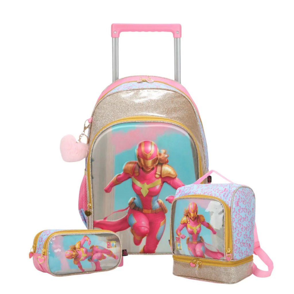 Kit Escolar Mochila Inantil Menina De Rodinhas Com Lancheira e Estojo GirlHero Para Menina Feminino