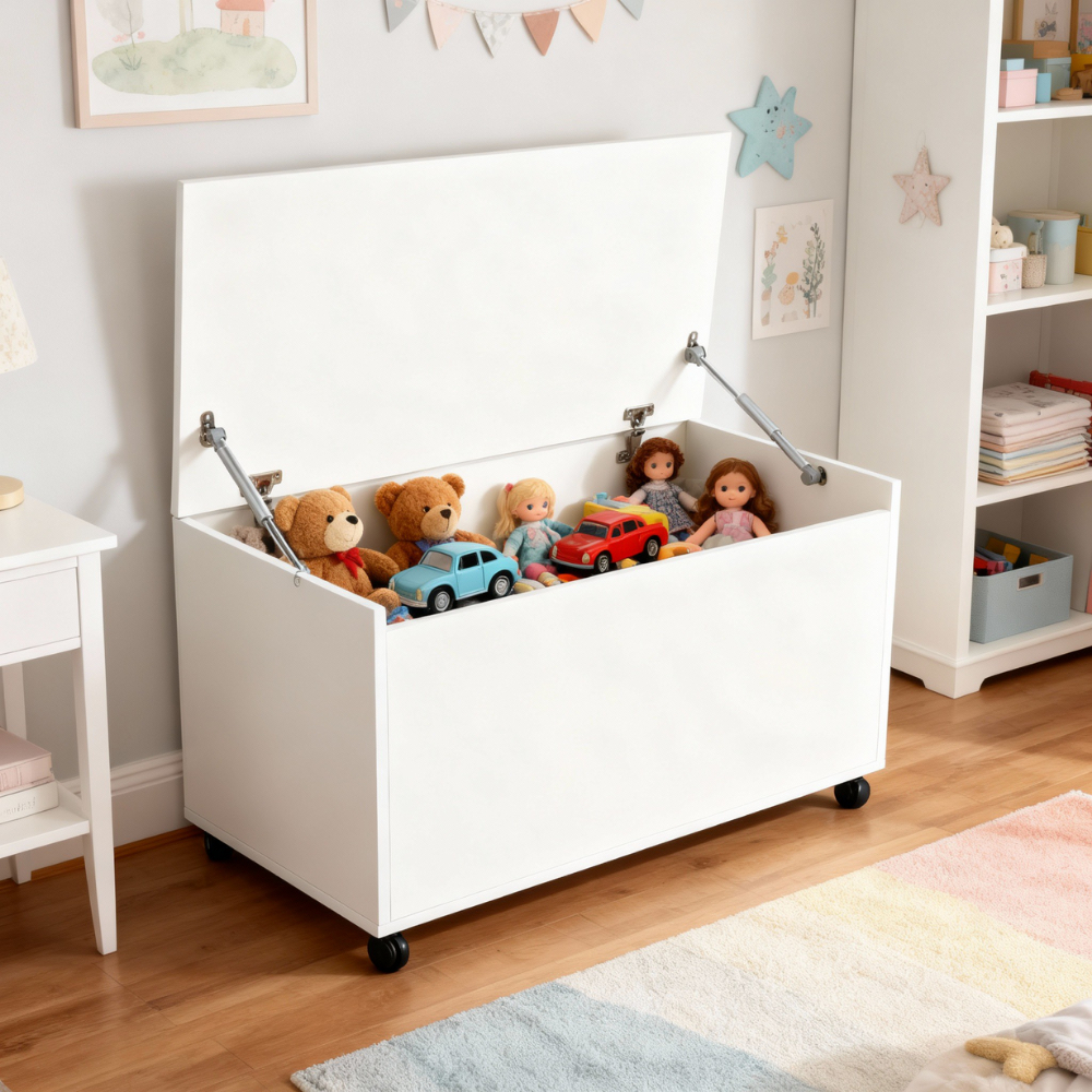 Baú Organizador Grande Rodinhas Retangular Branco Guardar Bagunça Quarto Infantil Brinquedos MDF