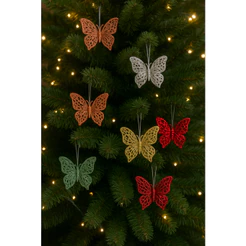 Enfeite de Natal Kit 6 Borboletas com Glitter para Decoração e Árvore Natalina