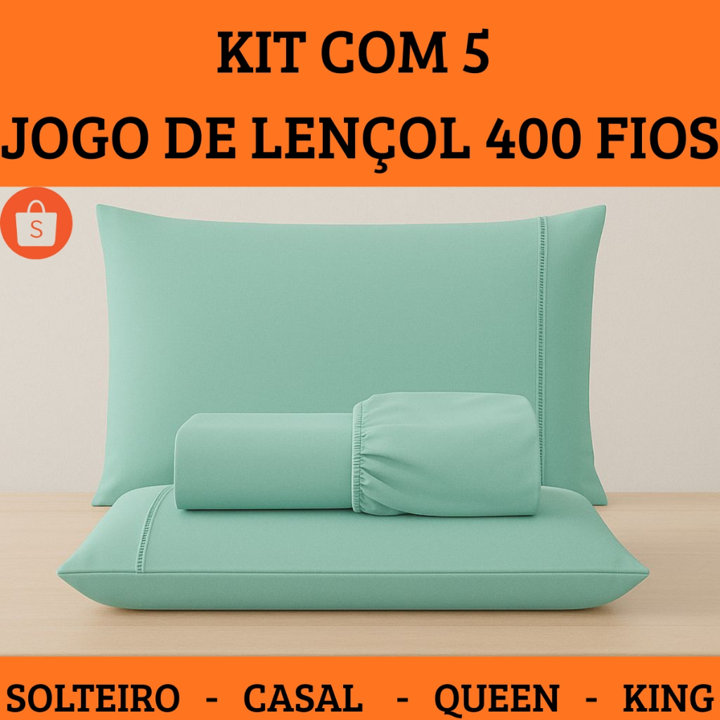 Kit com 5 Jogo Lençol Cama Box Casal Queen 400 fios Micropercal 03 Peças Ponto Palito Solteiro ou King Size