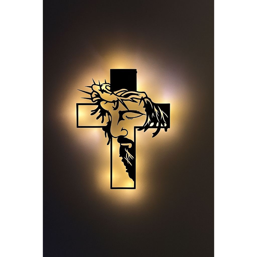 Cruz Decorativa de Parede com Iluminação LED – Crucifixo Luminoso Moderno Religioso Quadro vazado