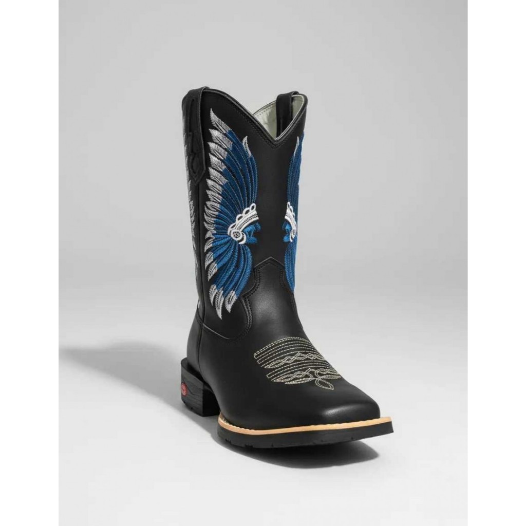 Bota Texana Masculina Preta Bordada Indio Cocar - Jota Flex