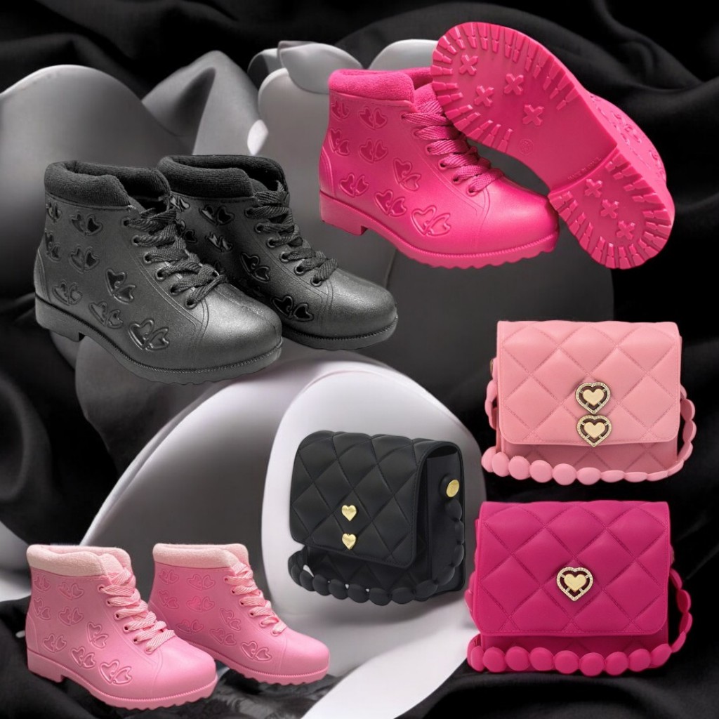 Conjunto Infantil Bota + Bolsinha Coração Feminino | Material Confortável E Impermeável