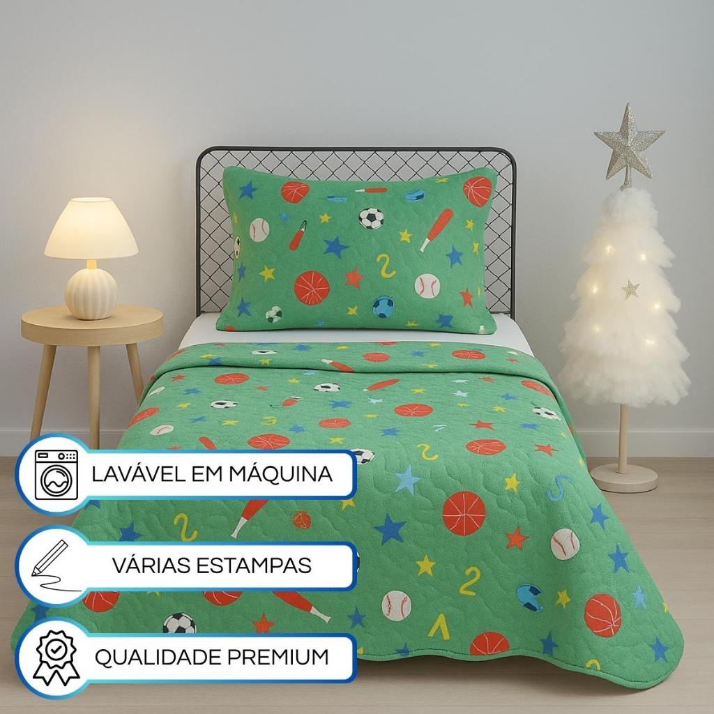 Cobre Leito Verde Solteiro Estampado Esportes 02 Peças Solteiro Infantil