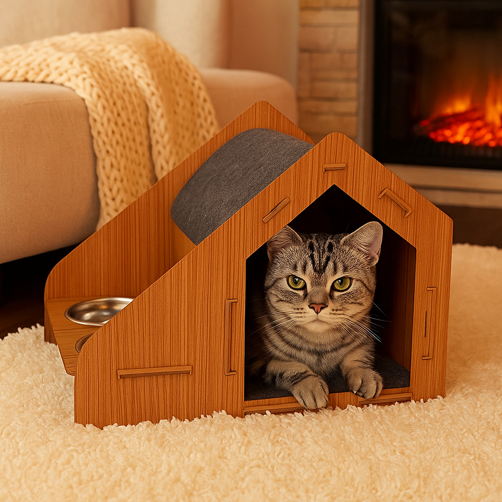 Casa Toca Arranhador Casinha Com Comedouro Com Carpete Para Gato Pet