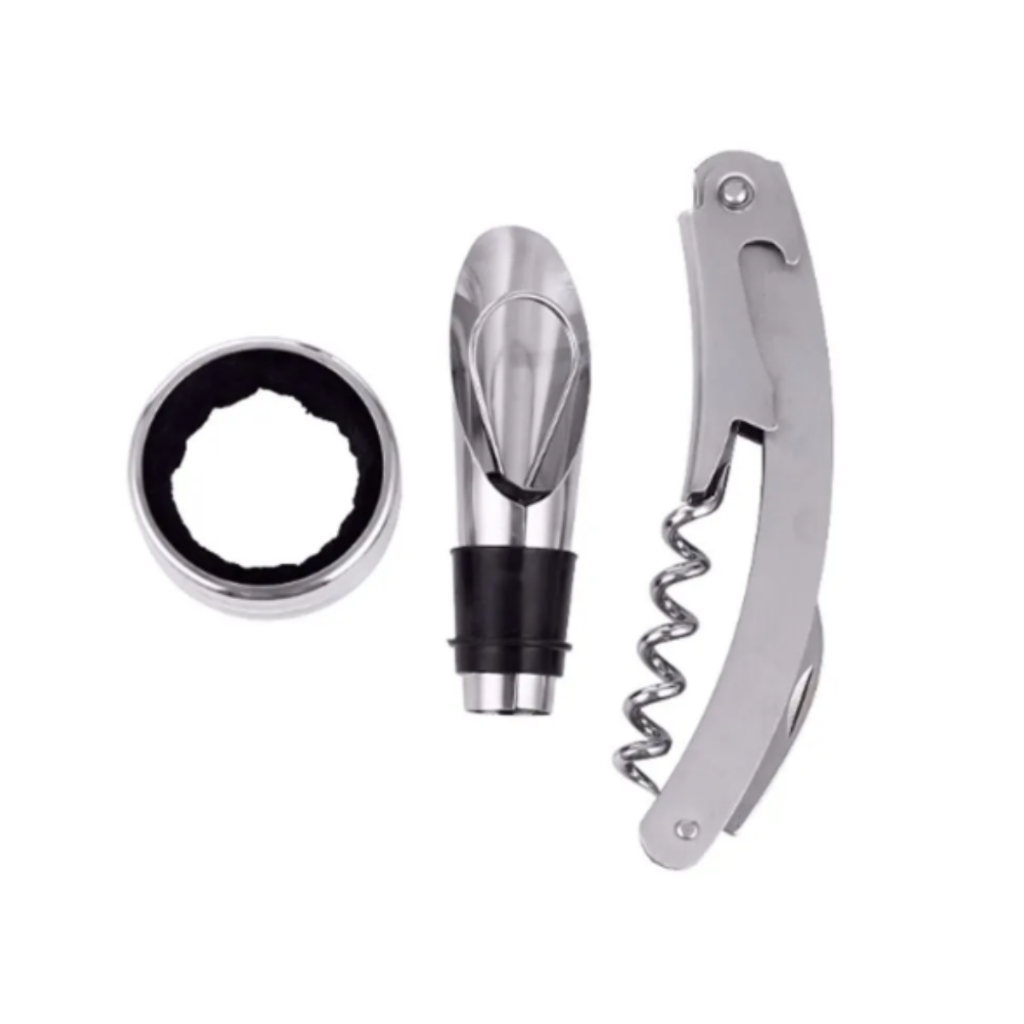 Kit Abridor de Vinho 3 Peças Inox, Saca-Rolhas, Bico Dosador e Anel Salva-Gotas