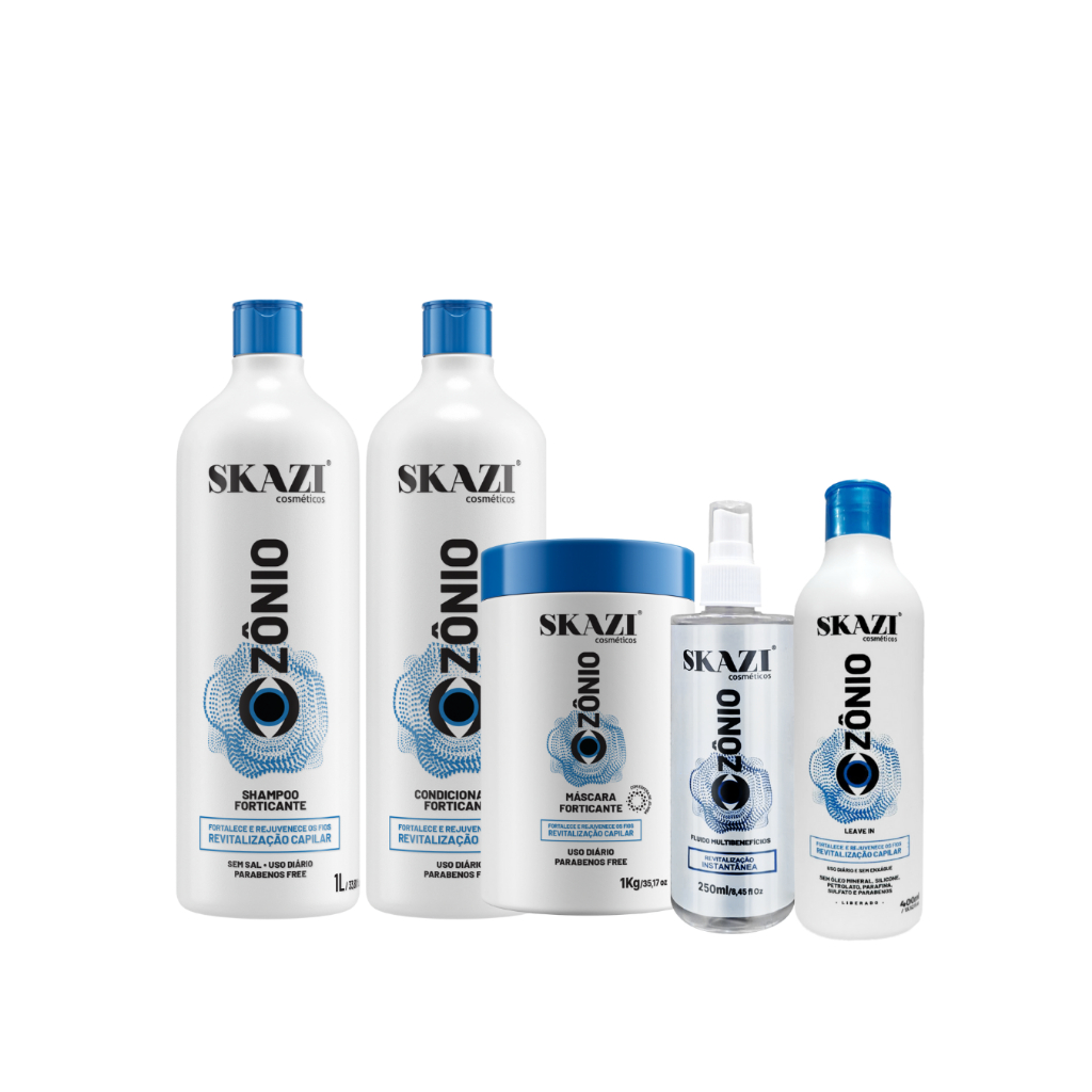 Kit Completo Skazi Ozônio - Revitalização Capilar com Shampoo, Condicionador, Máscara, Leave-in e Fluido Fortificante