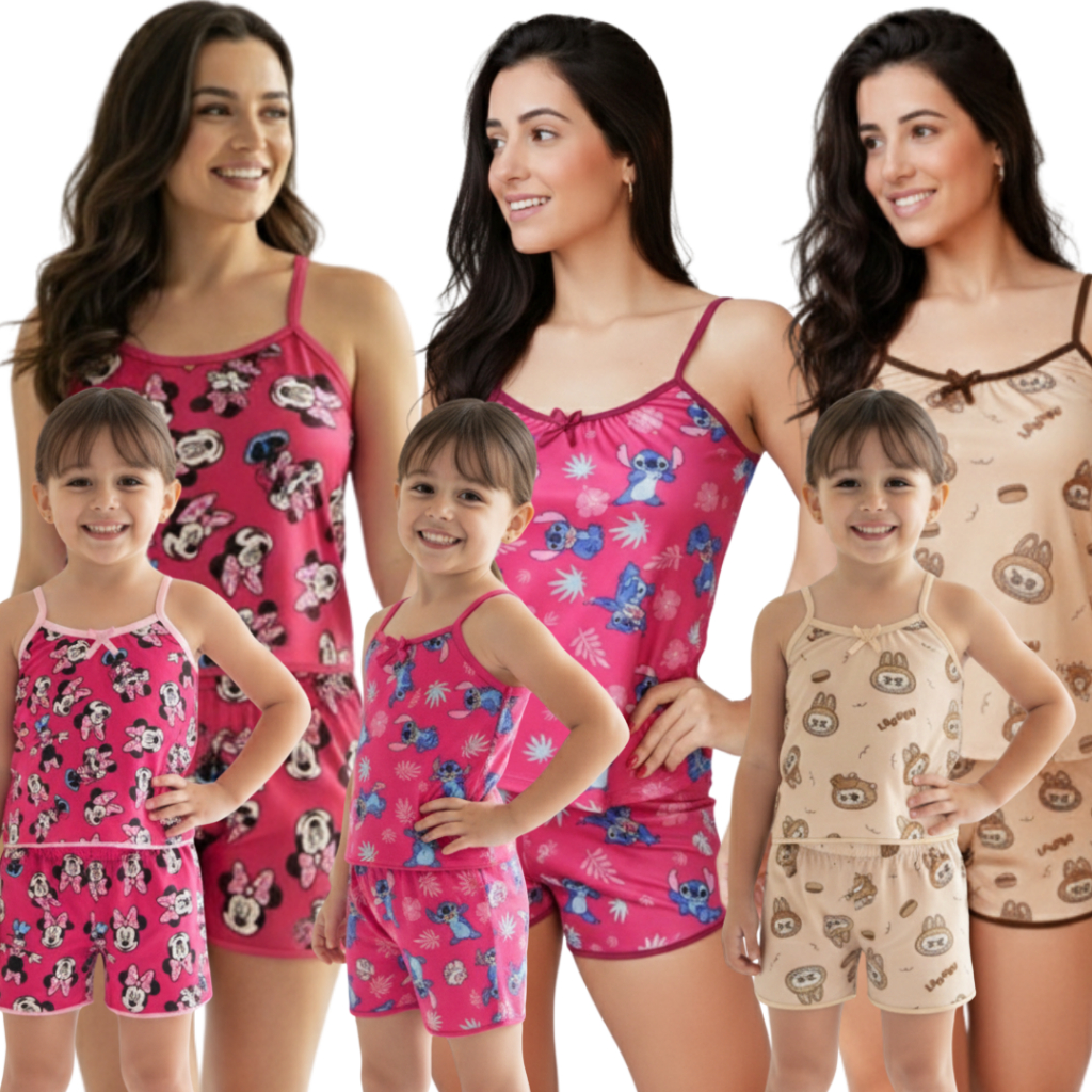 Pijama Infantil e Pijama AdultoFeminino Baby Doll Poliamida Estampado | Short Doll Menina Verão Confortável