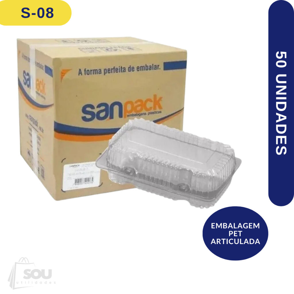 50 un Embalagem PET Retangular Articulada Sanpack S08 Para Doces e Salgados Pequena Baixa