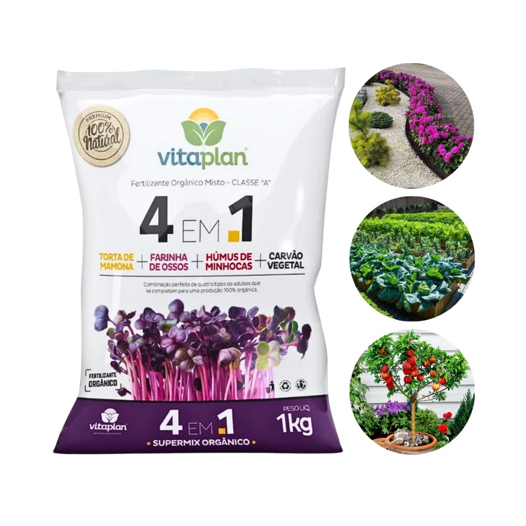 Adubo Fertilizante 4 em 1 Torta Mamona Farinha Ossos Humus de Minhoca e Carvão Vegetal 1Kg Nutriplan
