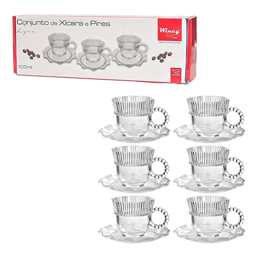 Kit Jogo De Xícaras Pires Vidro Café Chá Lynx 100ml Wincy