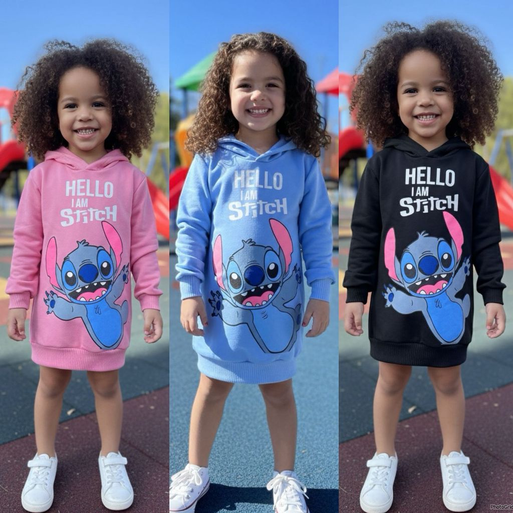 Roupa Infantil Para Menina No Verão Do Stitch Vestido Manga Longa E Capuz