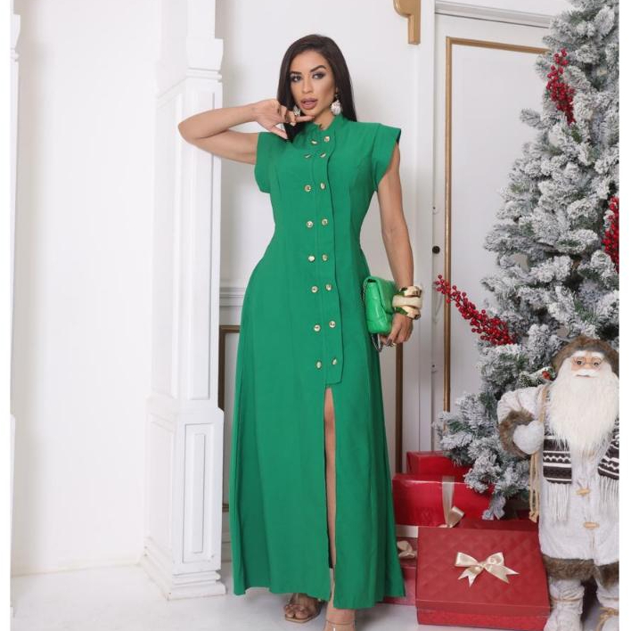 Vestido Longo Detalhes em Botões Abertura nas Pernas  Marrant Acinturado Tendência Moda em Oferta na Shopee