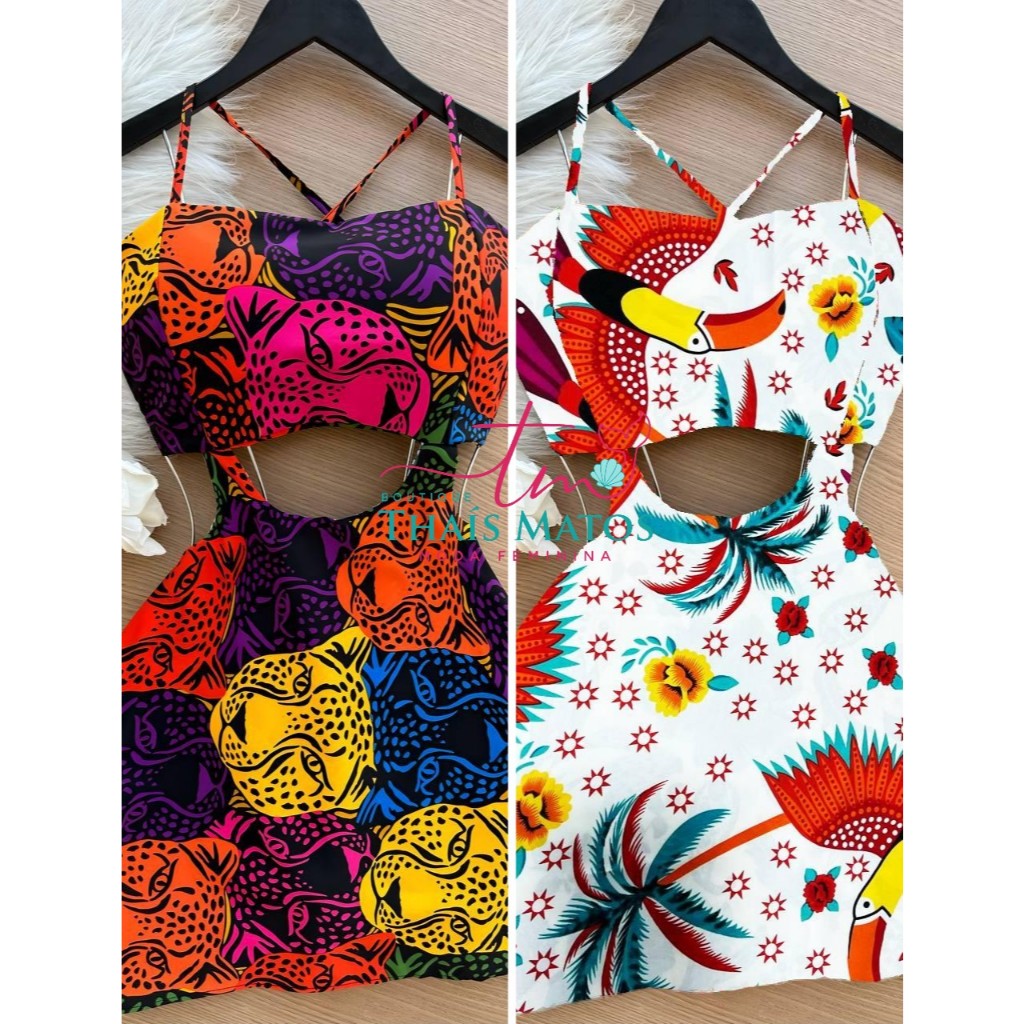Vestido Feminino Macaquinho Estampado com Bojo Alça Ajustável possui forro em Oferta na Shopee