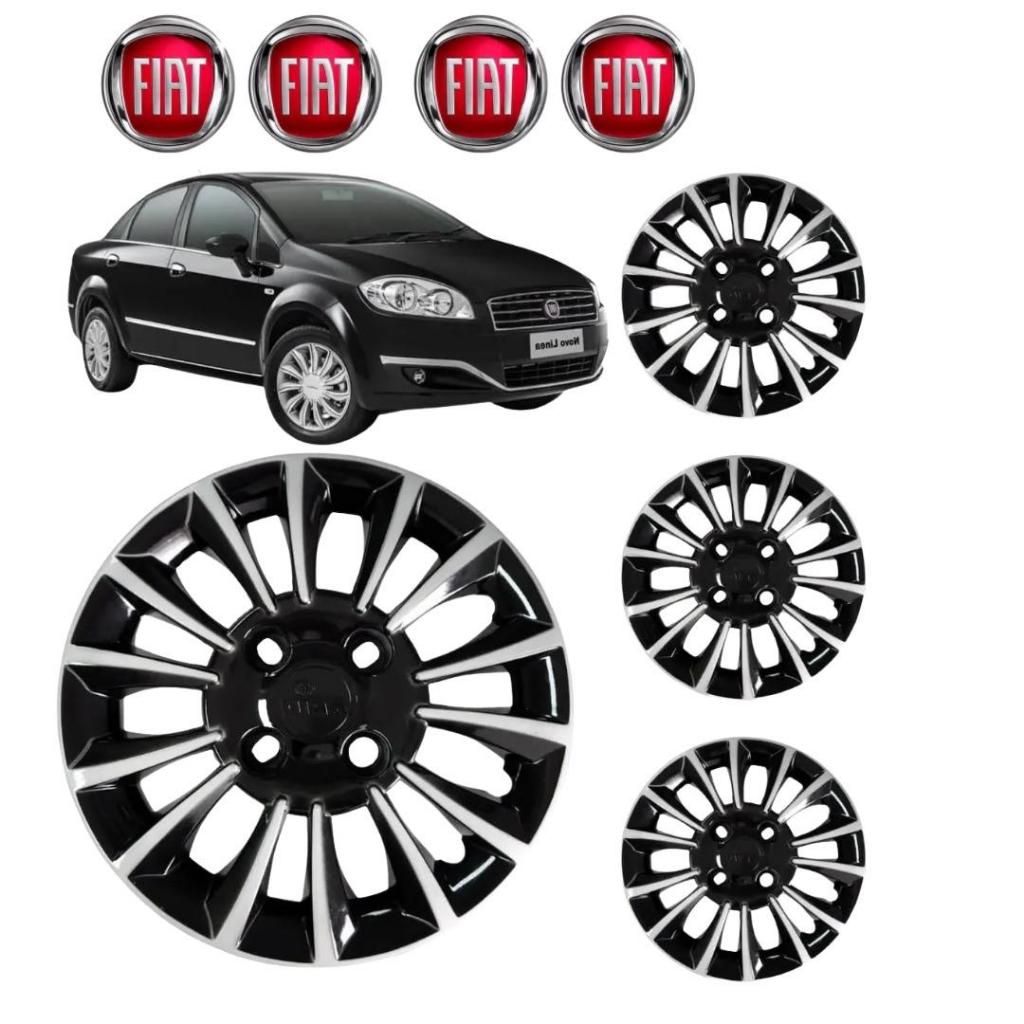 Calota Grid Aro 13 Preta com Prata para Fiat Linea – Jogo com Adesivo Central