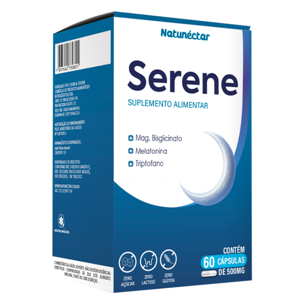 Serene - Novo Calm Plus 500mg 60 Cáps Melatonina + Triptofano + Magnésio - Sono e Relaxamento