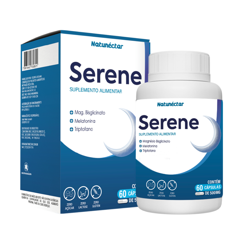 Serene - Novo Calm Plus 500mg 60 Cáps Melatonina + Triptofano + Magnésio - Sono e Relaxamento
