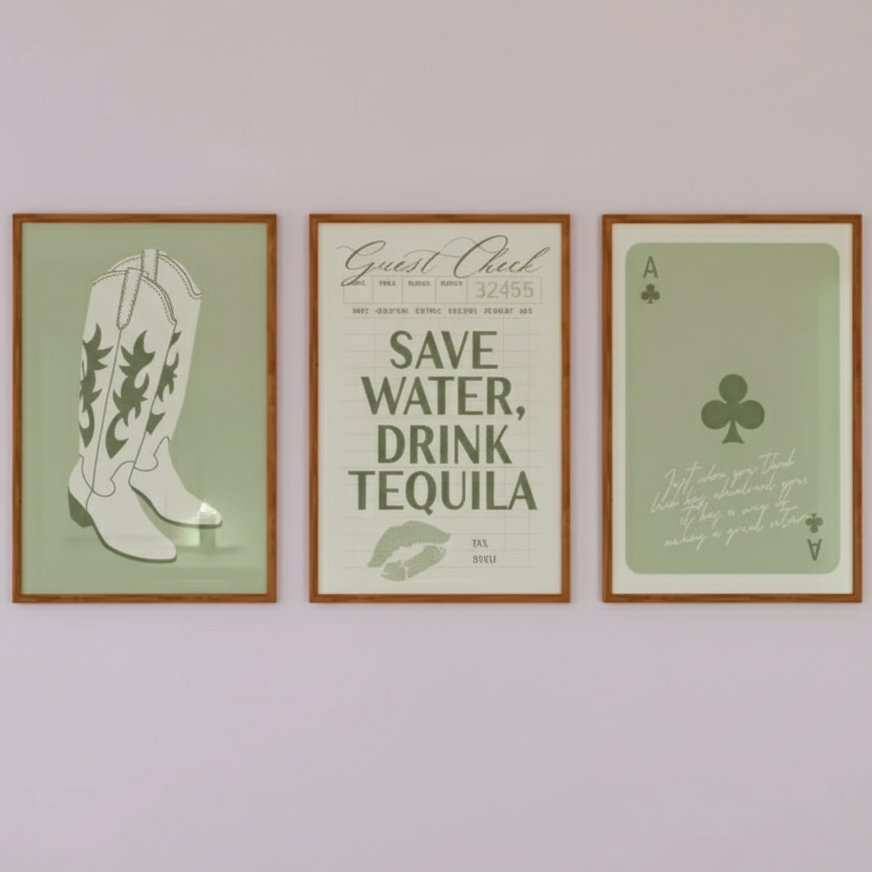 Quadros decorativos Bota cowgirl, carta e drink tequila em tons de verde (3 peças)