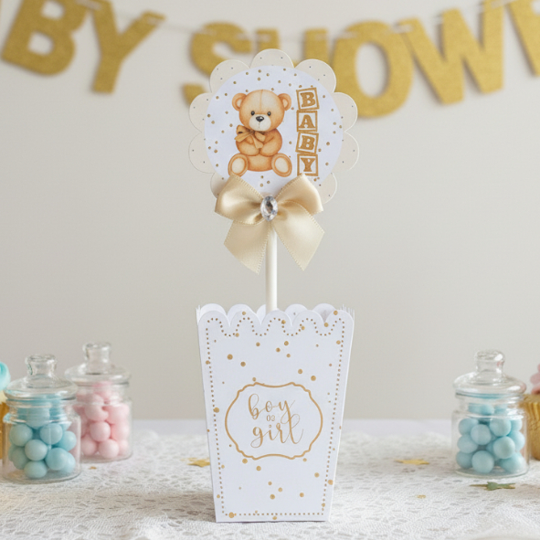 Centro de Mesa Ursinho Balão Neutro | Decoração Chá Revelação/Bebê | Lembrancinha Festa Bege