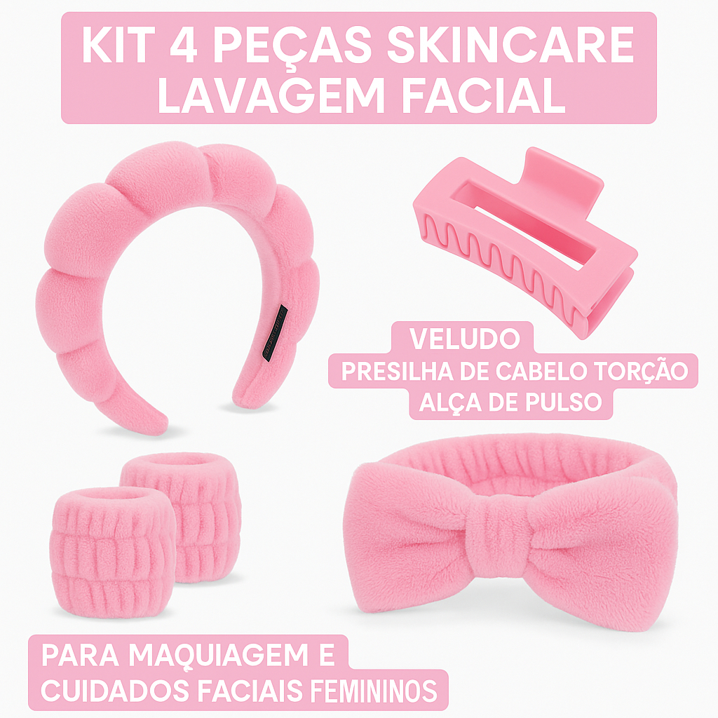 Kit 4 Pecas Rosa de Skincare Para Maquiagem e Limpeza Facial Ideal para Presente e Uso Diario