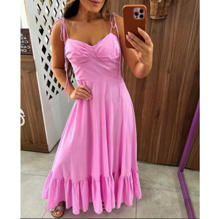 Vestido Thalia Longo Feminino Com Alça Fina De Amarrar Com Bojo Forrado Tamanho Único Veste 36 ao 42 Modelo Verão