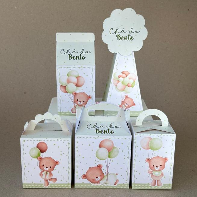 Kit Festa Chá de Bebê Ursinho Baloeiro Verde Personalizado | Pegue e Monte | Caixinhas e Lembrancinhas