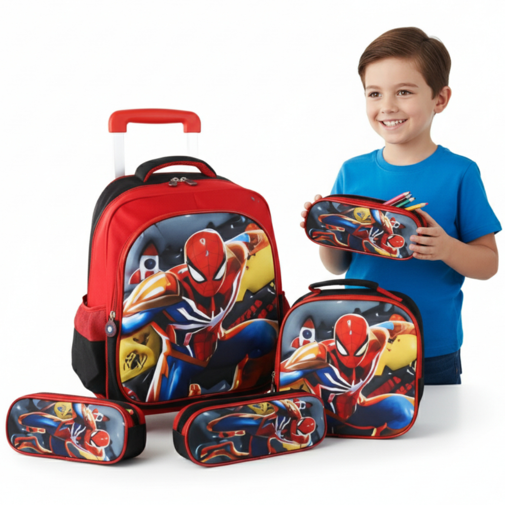 Kit Escolar Mochila Rodinha Estojo Lancheira Homem Aranha Futurista 3D Infantil Menino Personagem