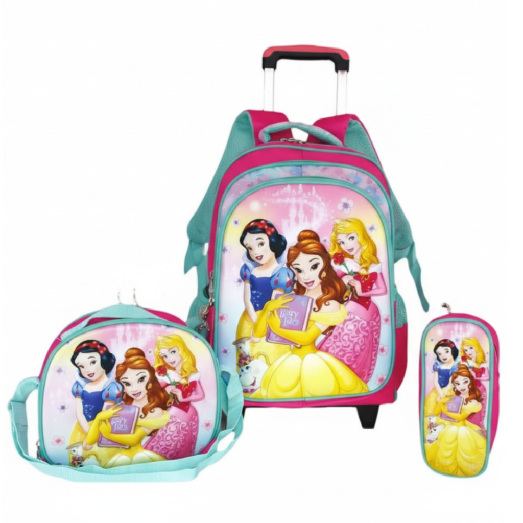 Kit Escolar Mochila Rodinha 3 Princesas Estojo Infantil Feminino Menina Personagem 3D Rosa