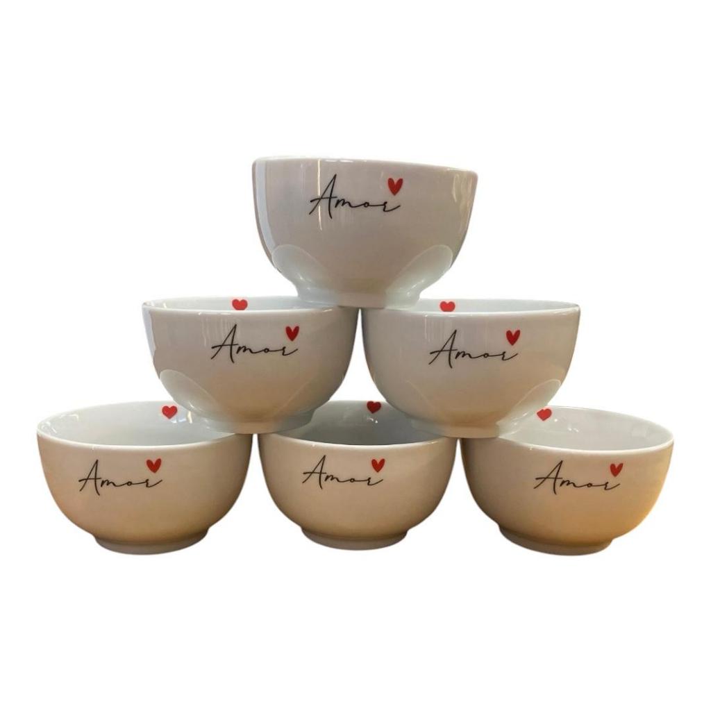 Jogo Kit 6 Tigela Bowl Cumbuca 400 Ml Porcelana Branca Amor Sopa