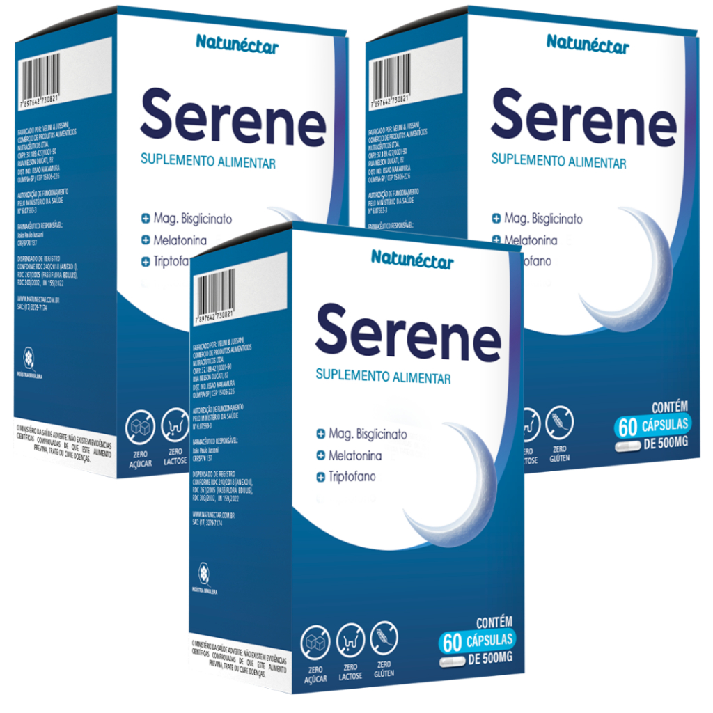 KIT 3 Serene Novo Calm Plus 500mg 60 Cáps Suplemento Melatonina + Triptofano + Magnésio Bisciglinato