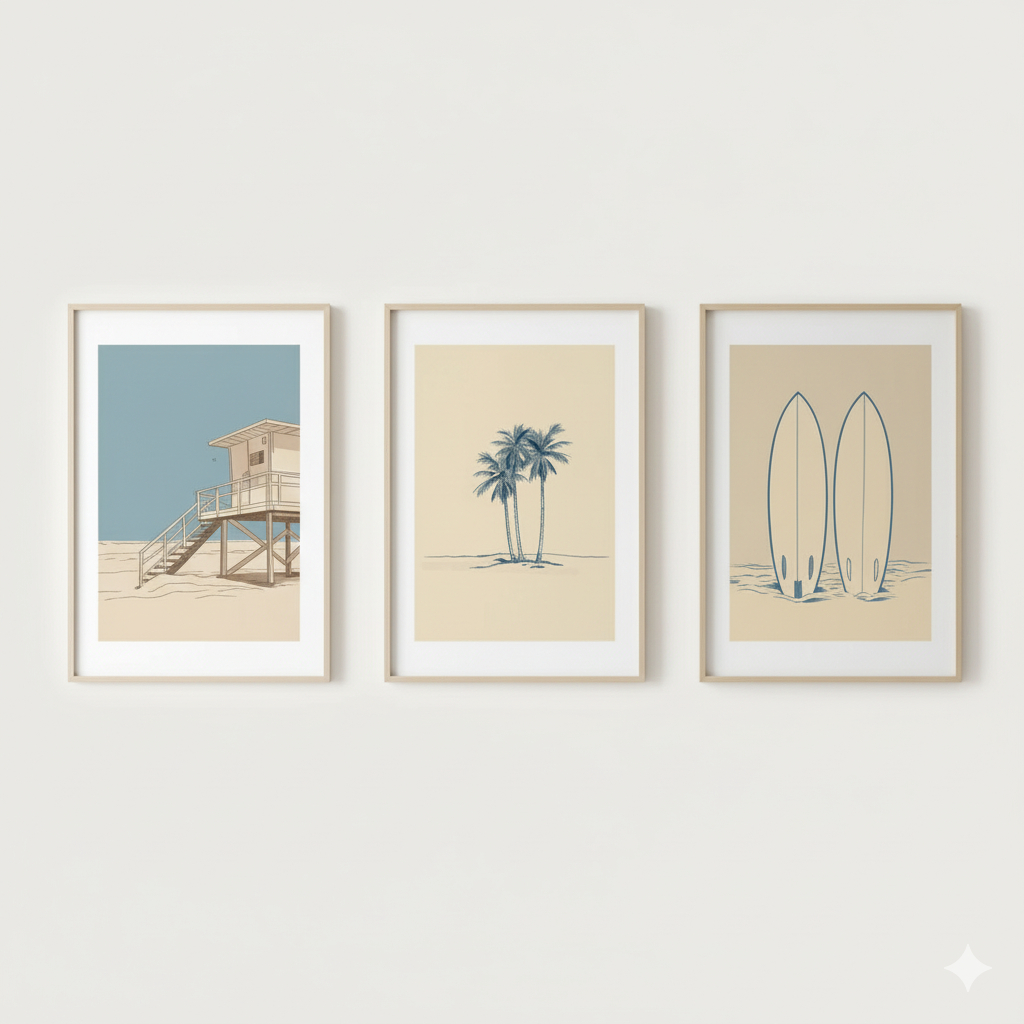 Quadros decorativos Vintage Palm Tree Beach Surf minimalista Sea Surf (3 peças) em Oferta na Shopee