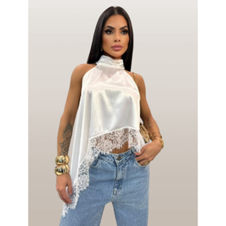 top elegante de alça com gola alta,renda,assimetrica,cetim para a festa a noite, ocasiões especiais em Oferta na Shopee