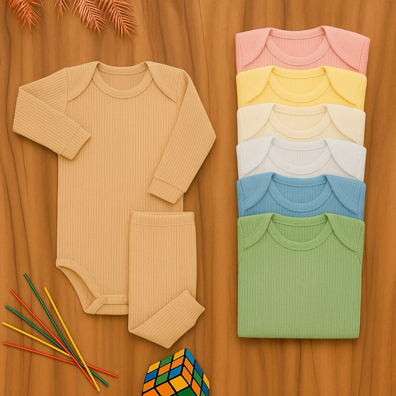 Kit 6 Peças Conjunto Body Manga Longa Canelado + Mijão Liso Canelado Bebê Menino e Menina Barato