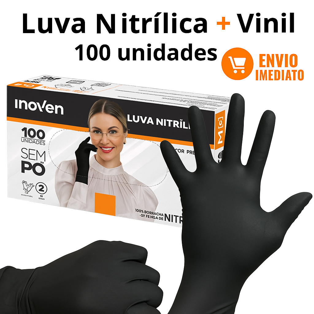 Luva Vinil Preta Descartável Sem Pó Resistente 100 Unidades