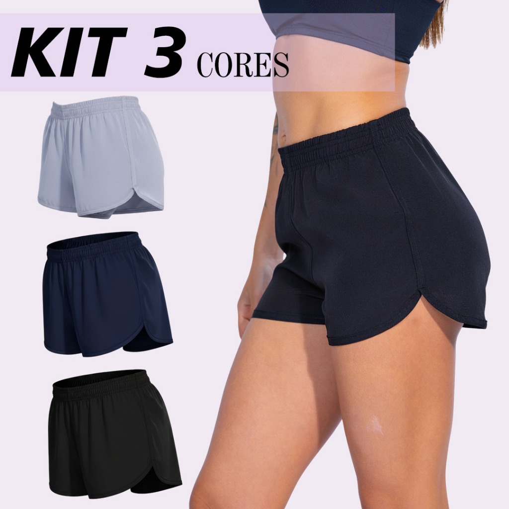 Kit 3 Shorts Feminino Tactel Elastano Liso Feminino Moda Praia Academia Caminhada Short Verão