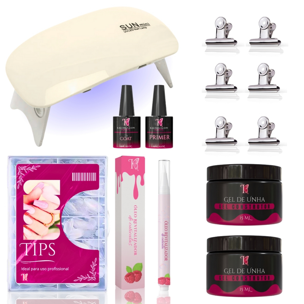 Kit Nail Cabine Mini Sun  + Caneta Óleo + Tips + Top Coat + Primer + 2 Géis + Presilha Profissional