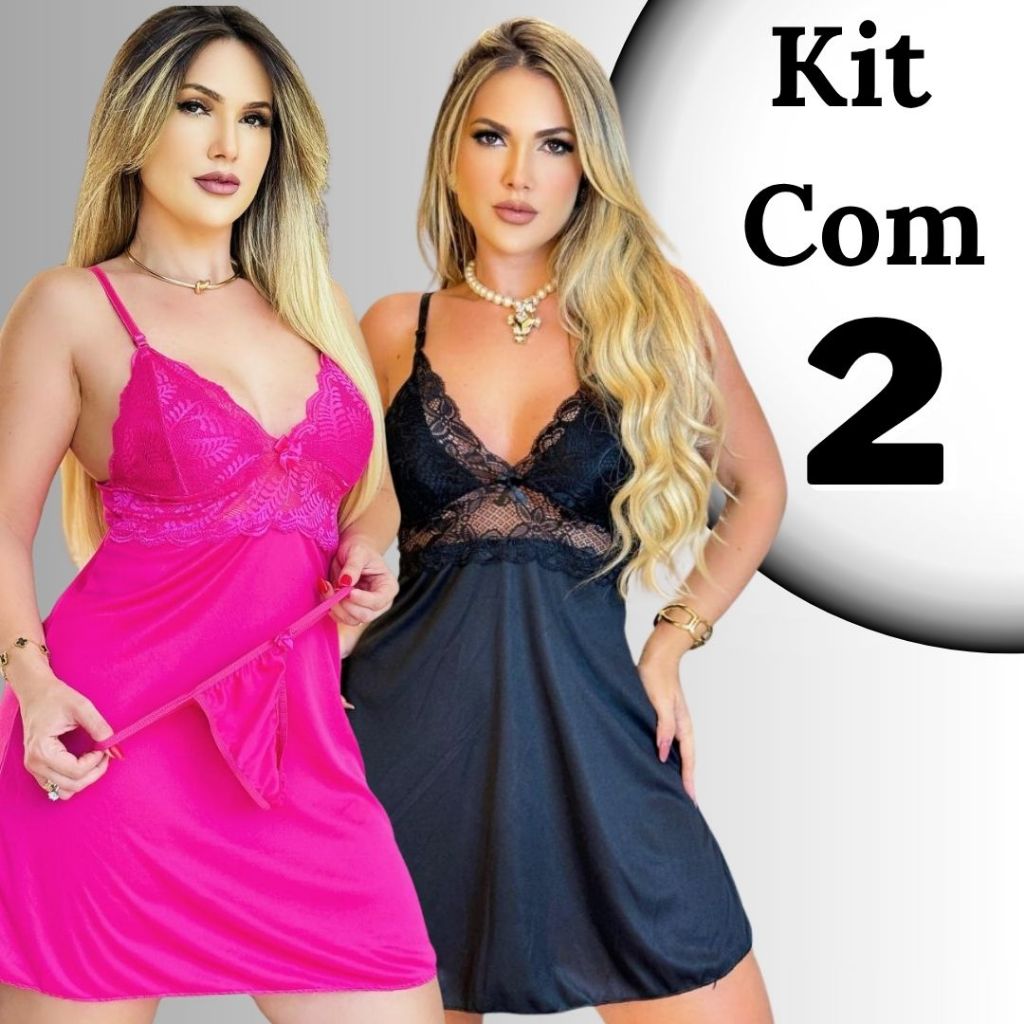 Kit 2 Camisola Feminina + Calcinha Fio Sensual Sem Bojo Roupa de Dormir Baby Dool Pijama