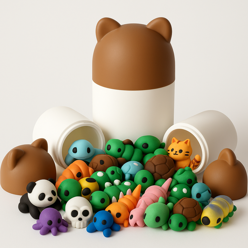 Container Gatinho com Animais Surpresa, Bixinhos Flexíveis, Fidget, Recipiente, Porta Treco, Pote