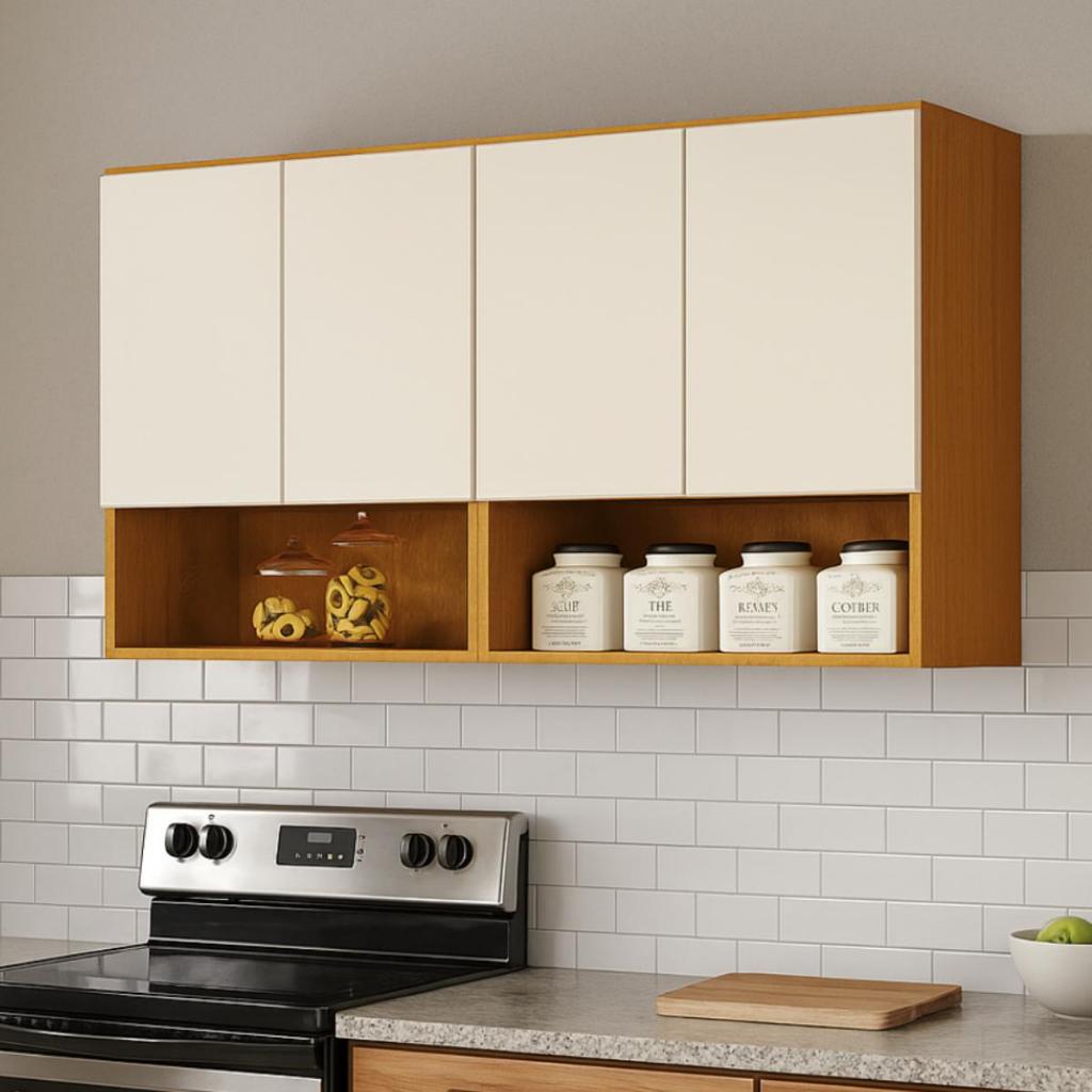 Armario Multiuso Suspenso de 4 Portas em MDF e Estrutura em MDP para Cozinha ou Lavanderia Armario Aereo Escritorio