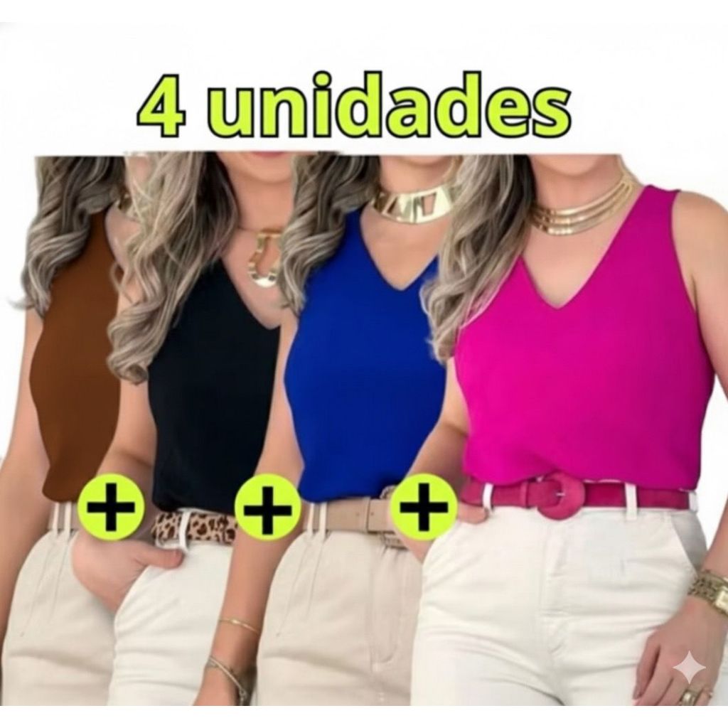 Kit com 4 Regatas Feminina Basica ALÇA LARGA em Oferta na Shopee