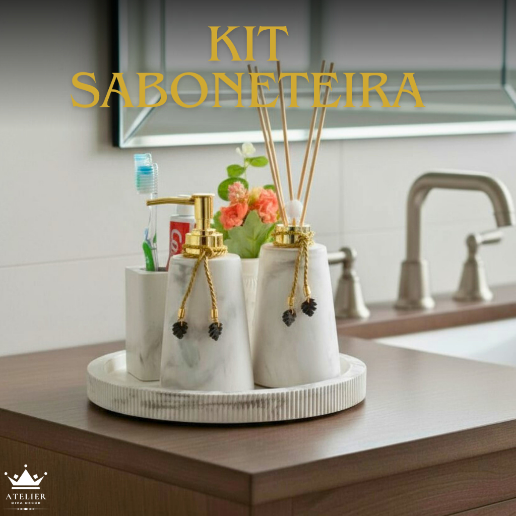 Saboneteira Lavabo Banheiro Kit 5 peças Sabonete Líquido Difusor Aromatizador Ambiente Porta Escova Bandeja vaso de flor