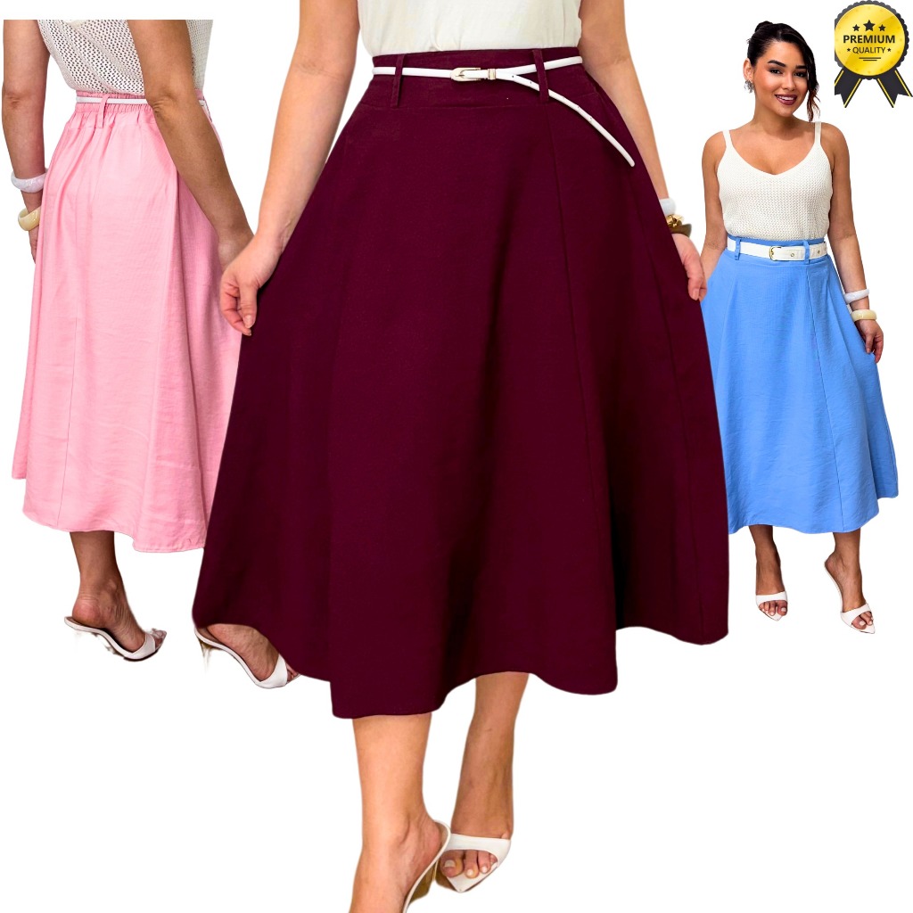 Saia Midi Feminina Cintura Alta Rodada Alfaiataria Elegante Plus Size Moda Evangélica M ao G3 em Oferta na Shopee