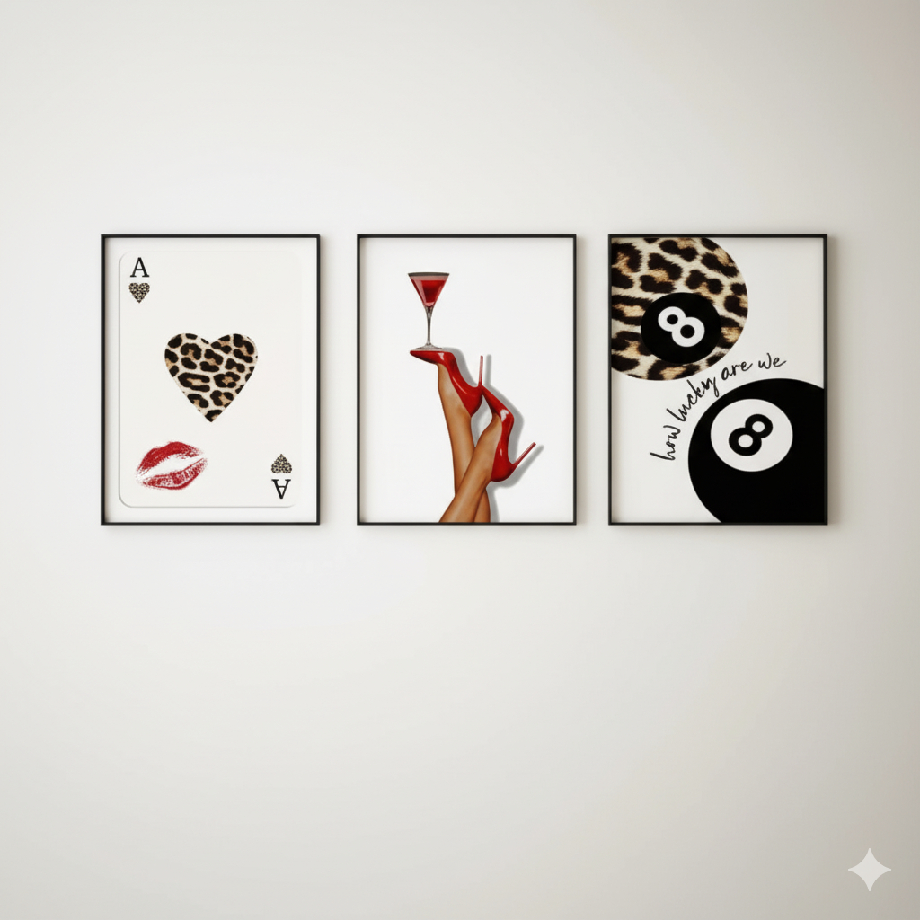 Quadros decorativos Drink sapato detalhes em onça e bola de sinuca (3 peças)