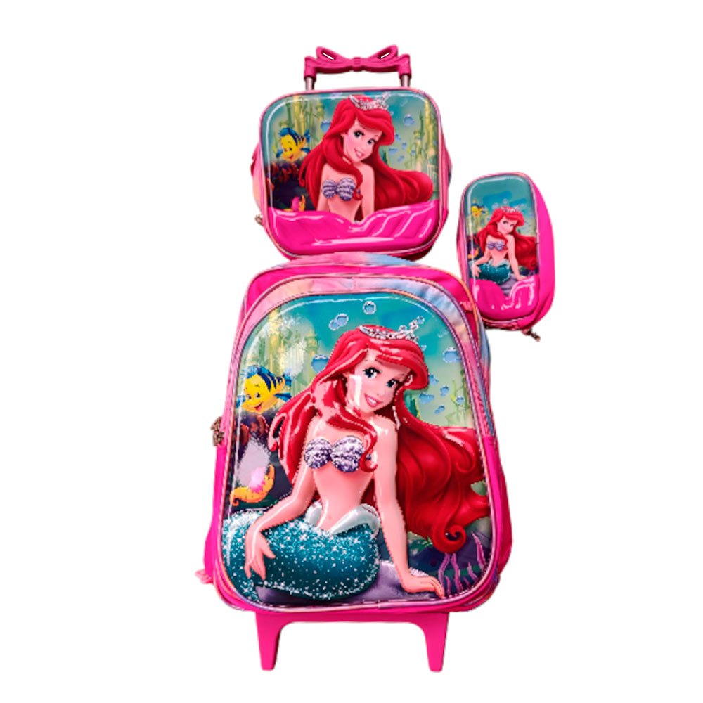 Kit Mochila Ariel Pequena Sereia em 3D com Rodinhas + Lancheira Térmica + Estojo Escolar