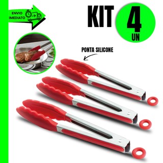 Jogo 4 Peças Pegador Inox 27cm com Silicone Resistente e Apoio – Cozinha e Churrasco