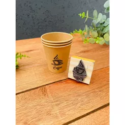 Kit carimbo personalizado 5x5cm com logomarca, para copo e embalagens de papel